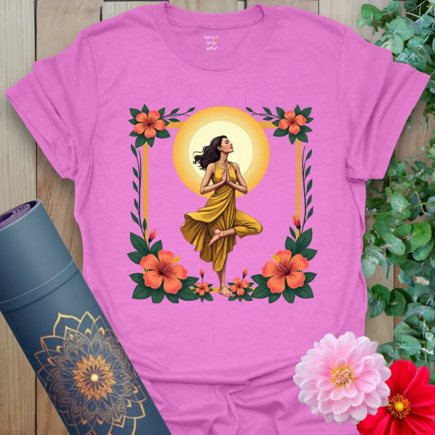Radiant orchid-colored yoga tee with vibrant yogi artwork celebrating mindful growth and luminous energy.