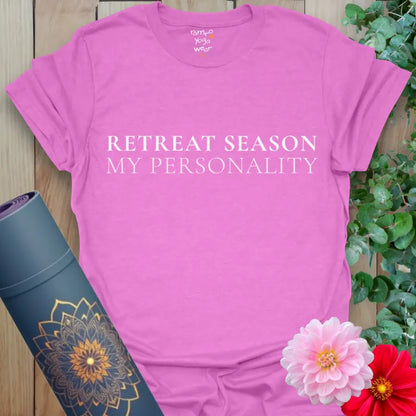 Heather Radiant Orchid Retreat Season T-Shirt with a soft, restorative message designed for mindful relaxation and everyday comfort.