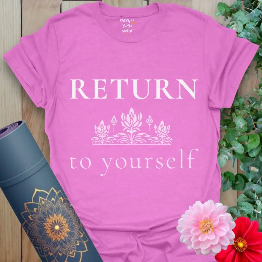 Heather Radiant Orchid Return T-Shirt with expressive lettering and a bright, soulful tone for peaceful, intentional living. Street Style Yoga Wear at its best.