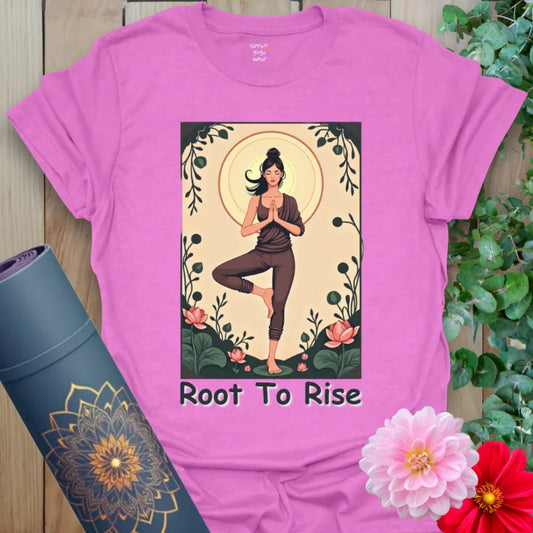Radiant orchid-colored tee with graceful yoga pose and blooming botanical background, perfect for spiritual practice.