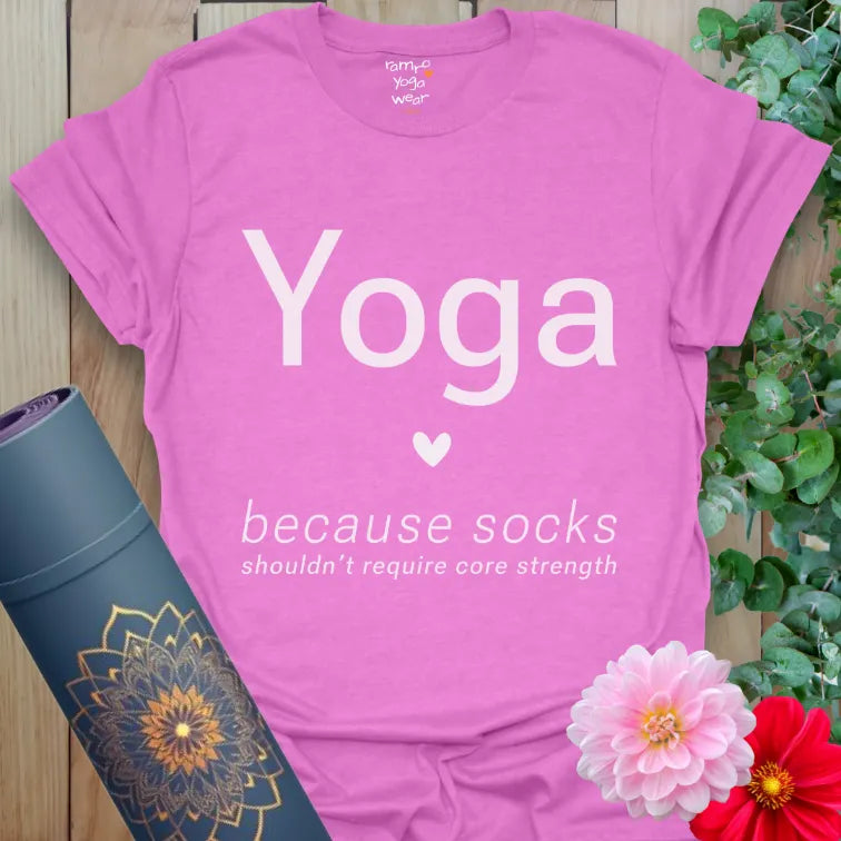 Heather Radiant Orchid Socks T-Shirt with soft “Yoga” text, heart icon, and playful socks design.