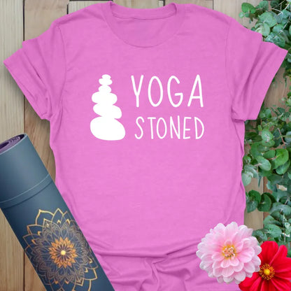Radiant orchid-colored tee with white rock stack and bold lettering for funny, light-hearted yoga vibes.