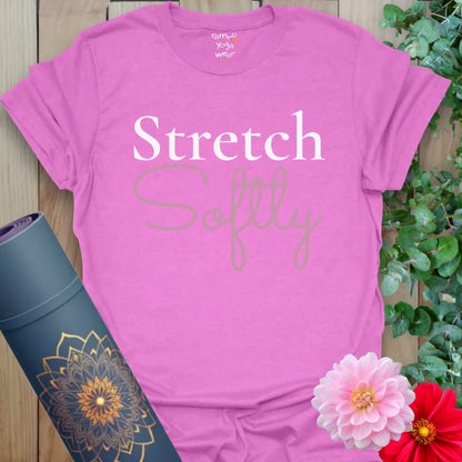 Radiant orchid pink tee with bold white and flowing pink text. A vibrant yet soft yoga T-shirt for mindful stretches.
