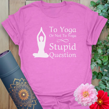 Radiant orchid-colored tee with yogi design and funny quote for light-hearted yoga fans.