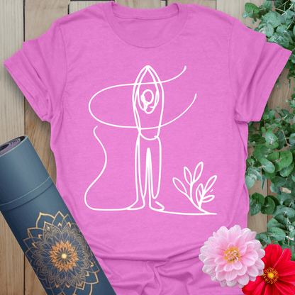 Radiant orchid-colored tee with flowing yoga line art in Mountain Pose for soulful and minimalist practice.