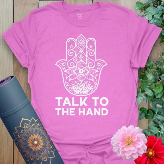 Radiant orchid-colored tee with bold sacred hand symbol and funny spiritual phrase for yoga with personality.
