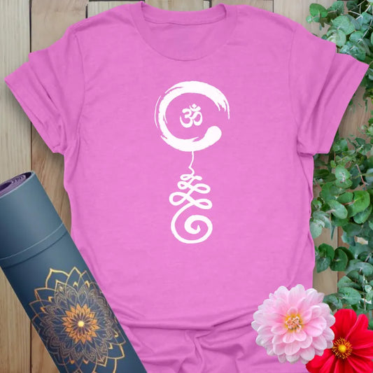 Radiant orchid-colored tee with white spiritual emblem and Om for energetic flow and heart-centered practice.