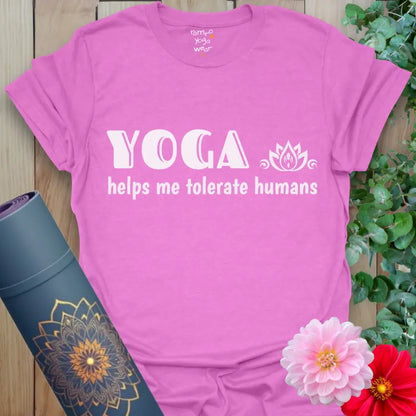 Heather Radiant Orchid Tolerate T-Shirt with bold white lettering and a cheeky yoga mantra for comfort and personality.
