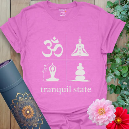 Bright orchid tee with four calming yoga icons and “tranquil state” slogan. Soft spiritual style for mindful souls.