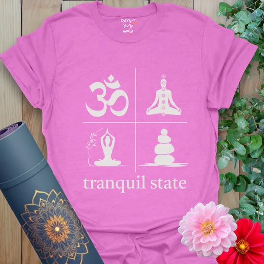 Bright orchid tee with four calming yoga icons and “tranquil state” slogan. Soft spiritual style for mindful souls.
