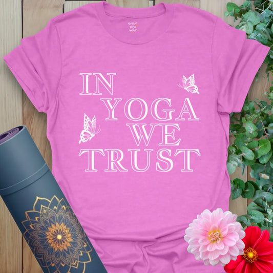 Radiant orchid-colored tee featuring empowering yoga quote in classic type for soulful expression.
