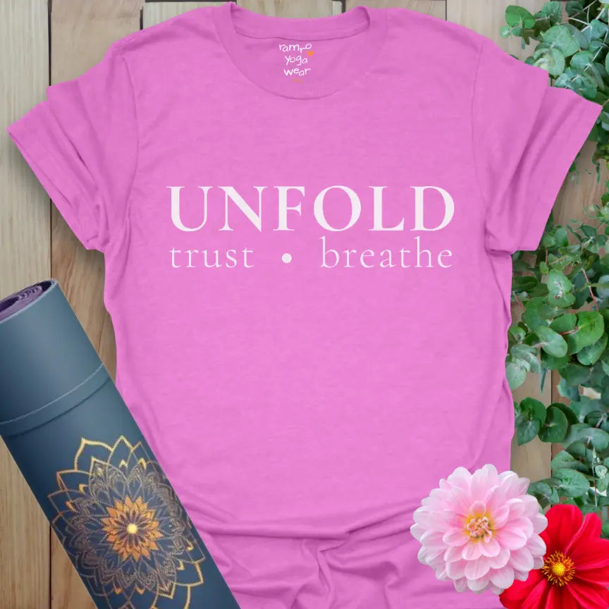 Heather Radiant Orchid Unfold T-Shirt with calming “Unfold • trust • breathe” text for mindful, soothing daily wear. Perfect Street Style Yoga Wear.