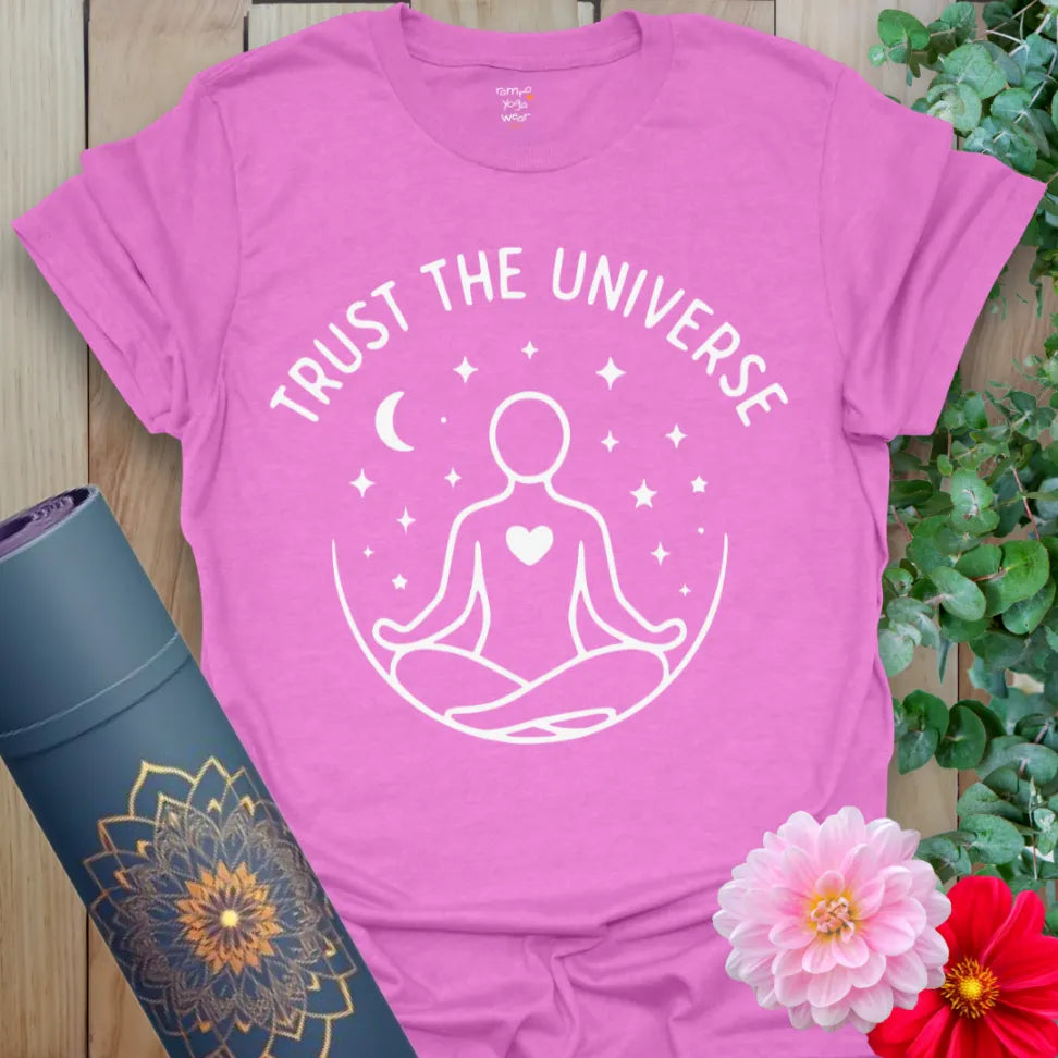 Radiant orchid-colored tee with cosmic illustration and “Trust the Universe” affirmation for soulful everyday wear.