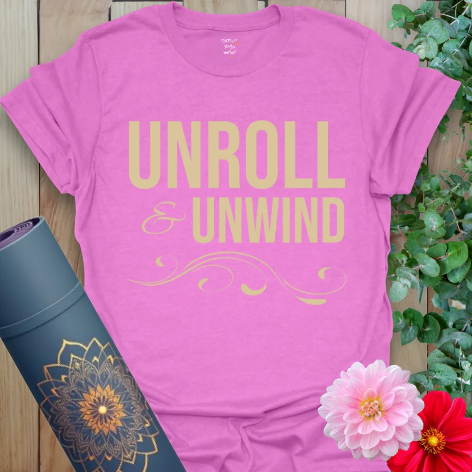 Unroll T-Shirt in Heather Radiant Orchid with calming phrase and ornate underline. A soothing gift for yoga lovers.