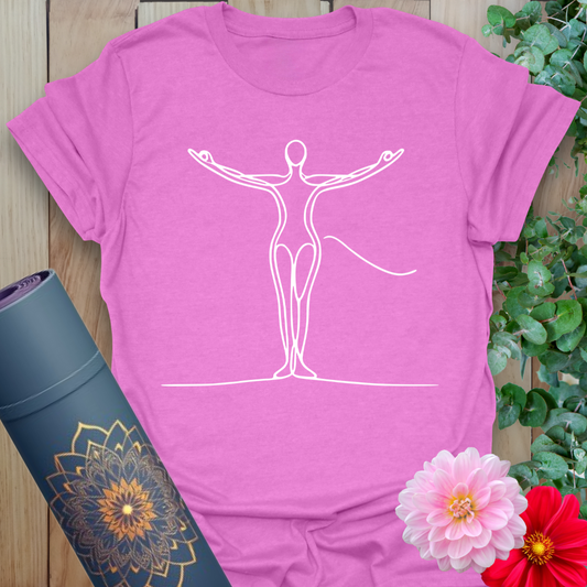 Radiant orchid-colored tee with flowing white figure illustration in heart-opening posture for soulful expansion.