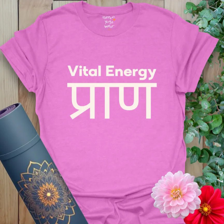Radiant Orchid yoga T-shirt with bold cream “Vital Energy” and large Sanskrit word for prāṇa. Vibrant, mindful energy tee.