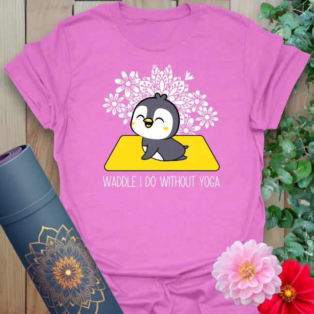 Radiant orchid-colored tee with cheerful penguin and funny yoga quote for lighthearted mindful movement.