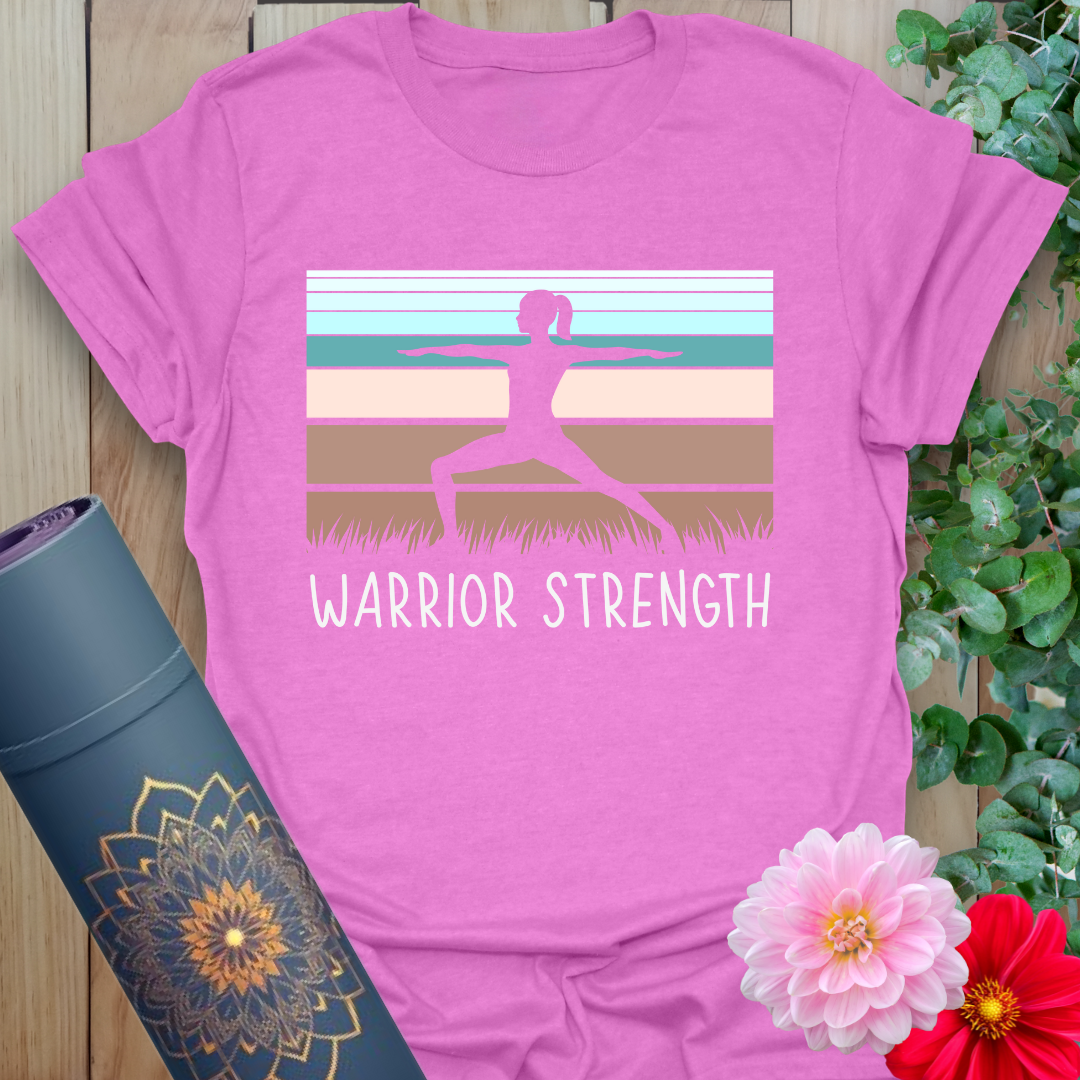 Radiant orchid-colored tee featuring strong yoga stance and strength affirmation for confident, grounded wear.