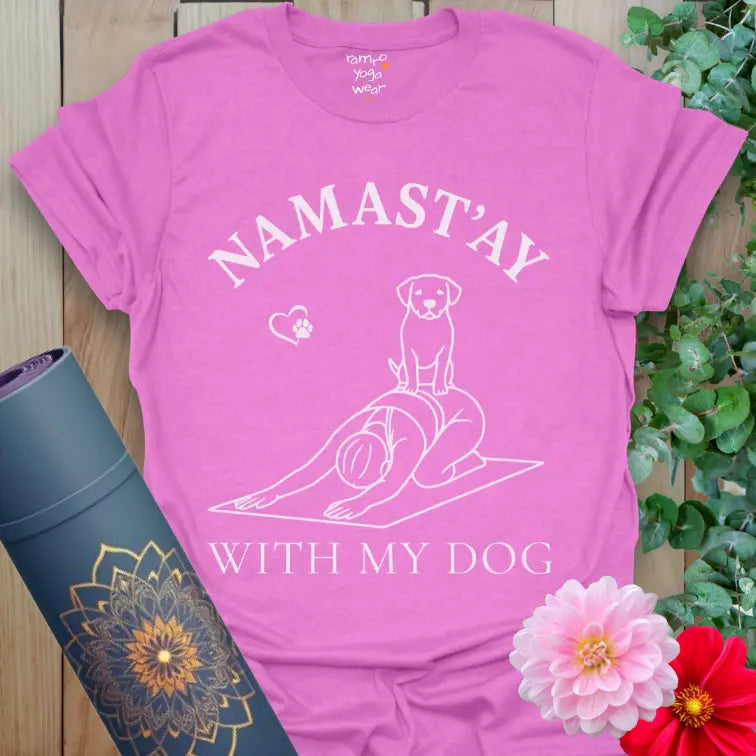 Heather Radiant Orchid With My Dog T-Shirt with cute yoga dog illustration. Pet-lover yoga tee with playful Child’s Pose design.