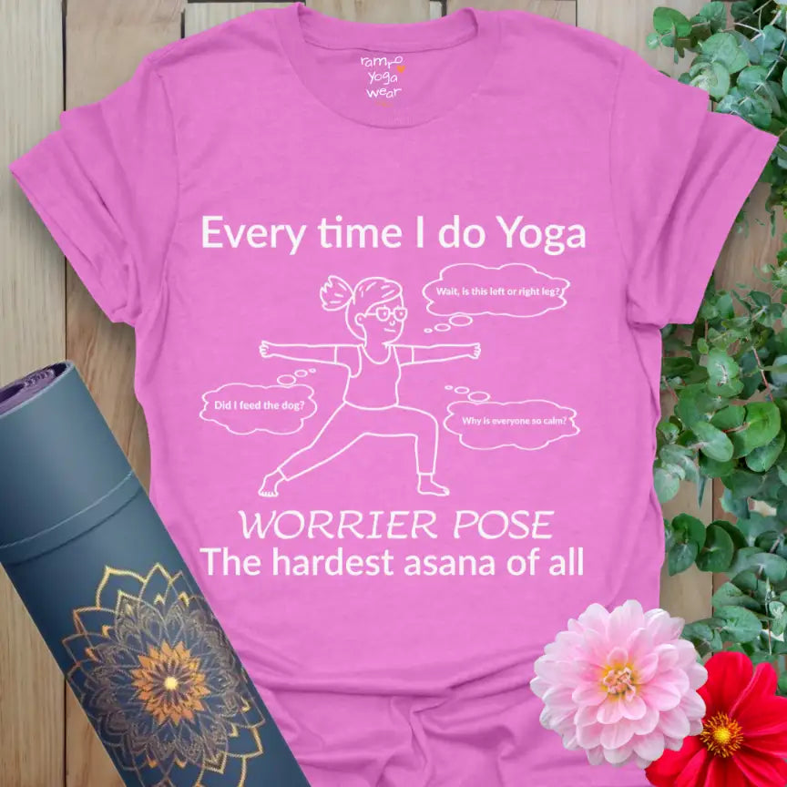Heather Radiant Orchid Worrier T-Shirt featuring a funny line-art yogi in Warrior Pose with thought bubbles. Yoga humor tee for mindful overthinkers.