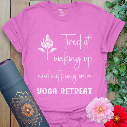 Heather Radiant Orchid Yoga Retreat T-Shirt with fun yoga retreat quote and lotus graphic. Bright and expressive yoga lover tee.