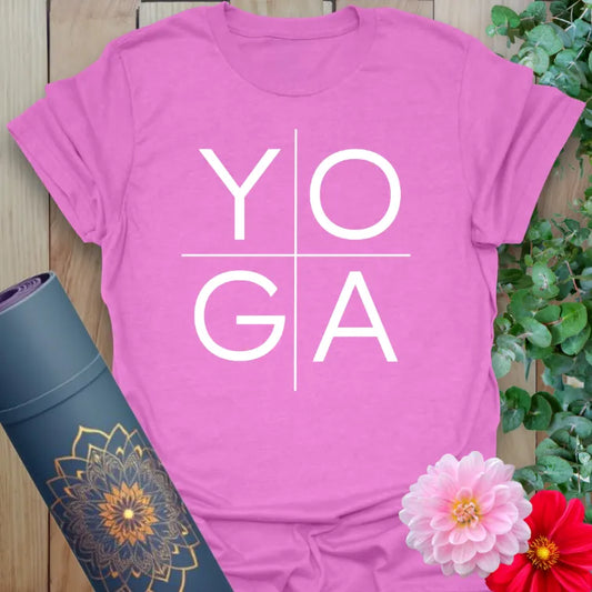 Radiant orchid-colored yoga tee with bold grid text spelling “YOGA” for modern, spiritual wear.