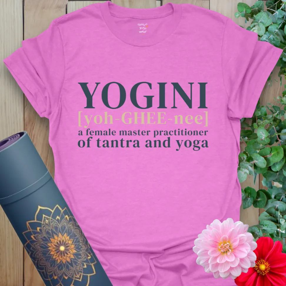 Heather Radiant Orchid Yogini T-Shirt with feminine affirmation and modern typography. Lightweight and soulful.