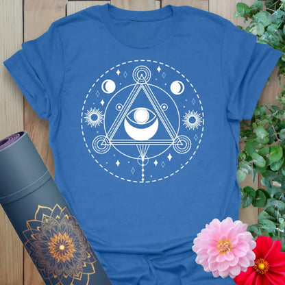 Crafted with love by Ramro Yoga Wear,  here is our Heather Royal All Seeing Eye T-Shirt – boho style sacred geometry tee for spiritual seekers.