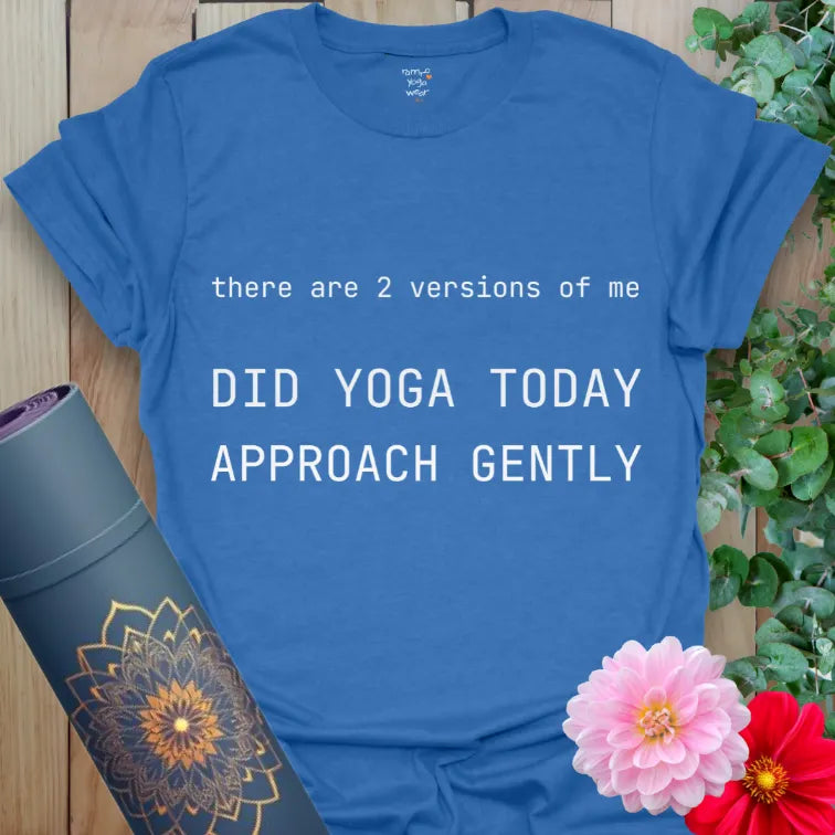 Heather Royal yoga T-shirt with bold minimalist lettering reading “Did yoga today, approach gently.”