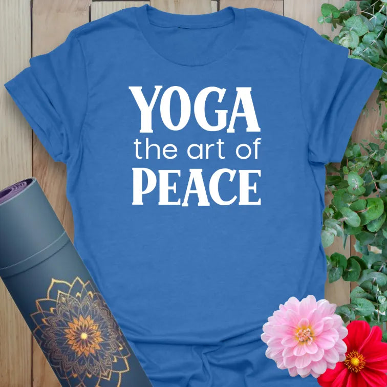 Heather Royal Art of Yoga T-Shirt – Blue yoga lifestyle tee with calming "Yoga the art of peace" message