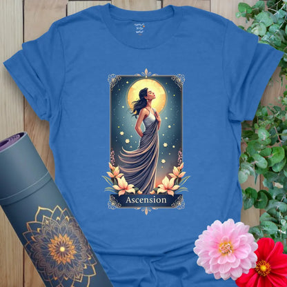 Heather Royal Ascension T-Shirt with powerful moonlit figure and cosmic background by Ramro Yoga Wear