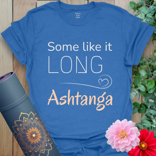 Heather Royal Ashtanga T-Shirt with contrast text design. Vibrant yoga tee for energized, long-practice yogis.