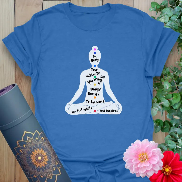 Blue cotton yoga shirt with colorful chakra-inspired affirmation print