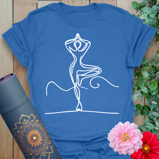 Blue balancing tee with continuous line yoga figure in tree pose