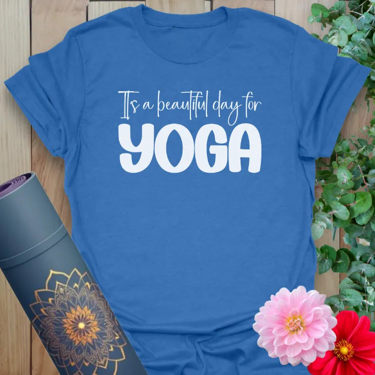 Blue yoga shirt with uplifting yoga message and soft unisex fit
