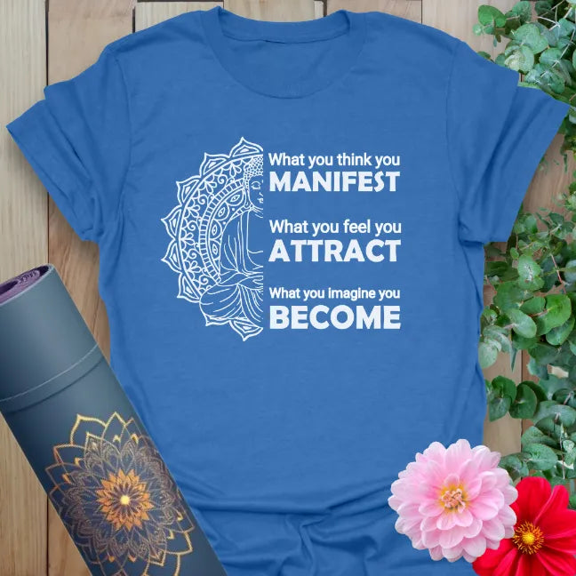 Blue yoga shirt with manifestation mantra and sacred mandala art