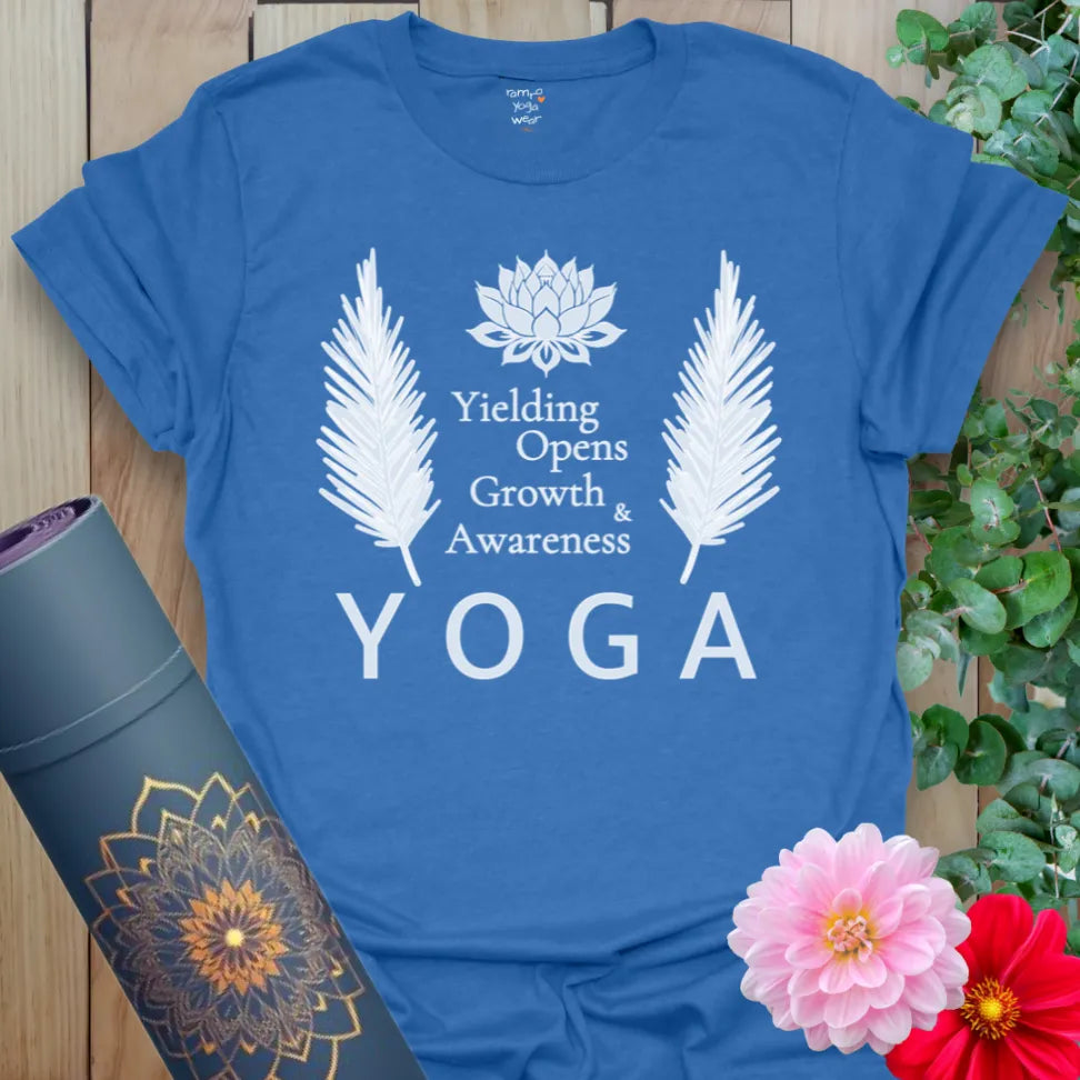 Blue Bloom Within Tee with lotus flower and mindful acronym design