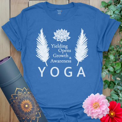 Blue Bloom Within Tee with lotus flower and mindful acronym design