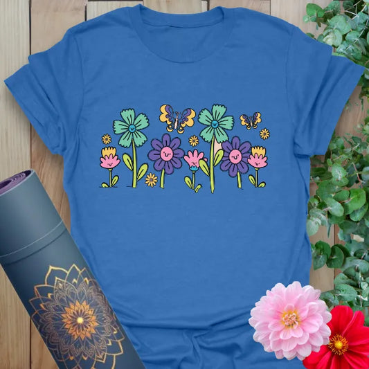 Blue Boho Flowers T-Shirt with cheerful wildflower and butterfly design