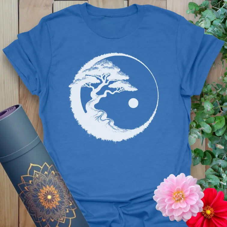 Blue bonsai tree shirt with symbolic balance and peaceful nature graphic