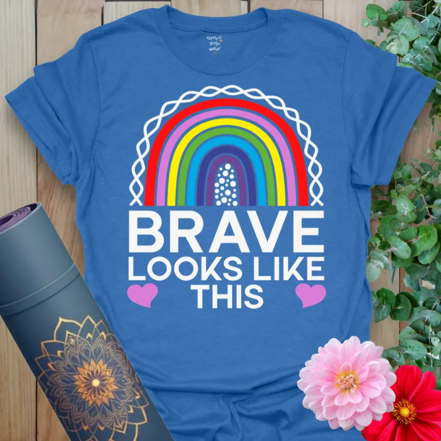 Blue Brave T-Shirt featuring bright rainbow and motivational text
