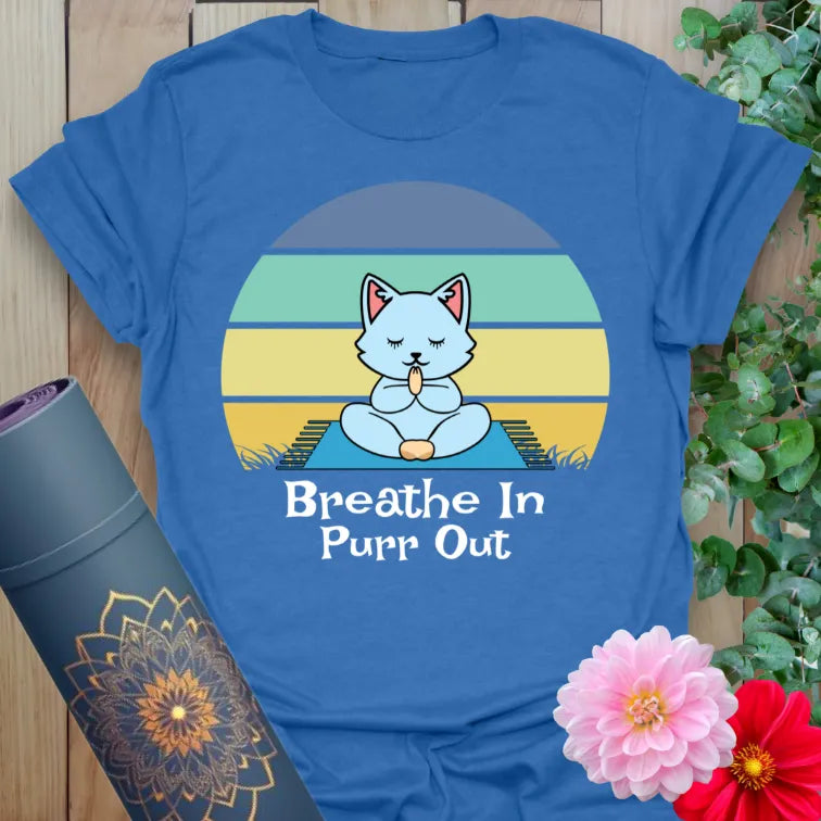Blue yoga cat t-shirt with retro sunrise and mindful message