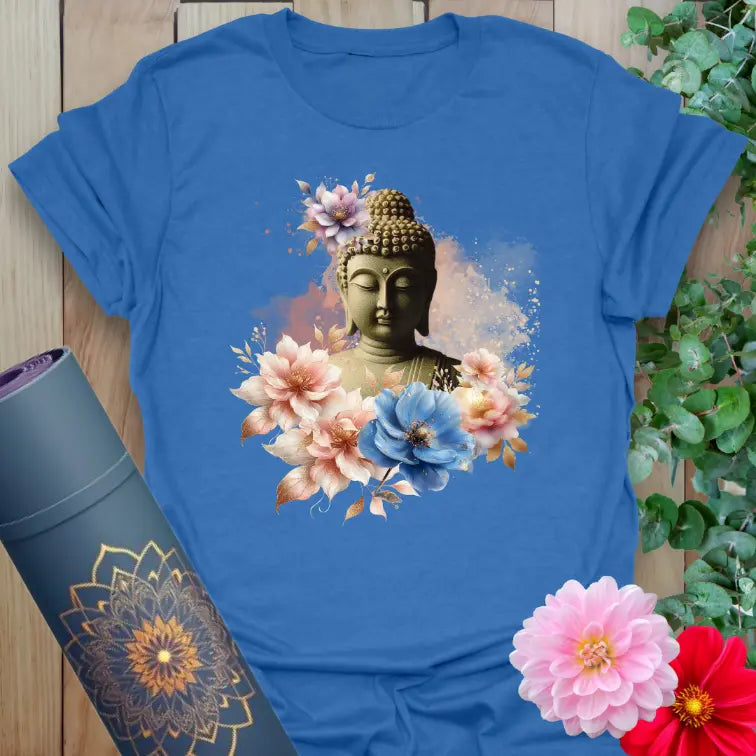Blue t-shirt with Buddha statue and pastel flowers graphic