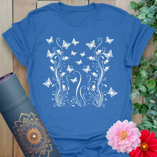 Blue Butterfly T-Shirt featuring floral vines and butterfly flight design
