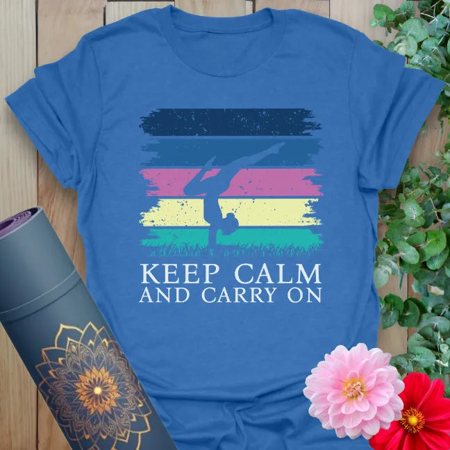 Blue motivational yoga tee with colorful background and empowering message