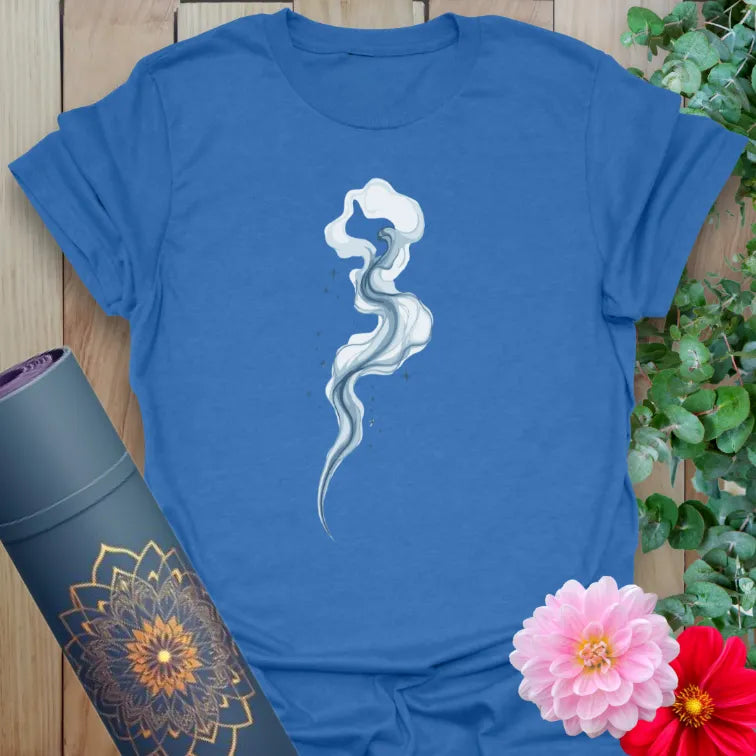 Blue yoga tee with graceful smoke illustration and spiritual energy