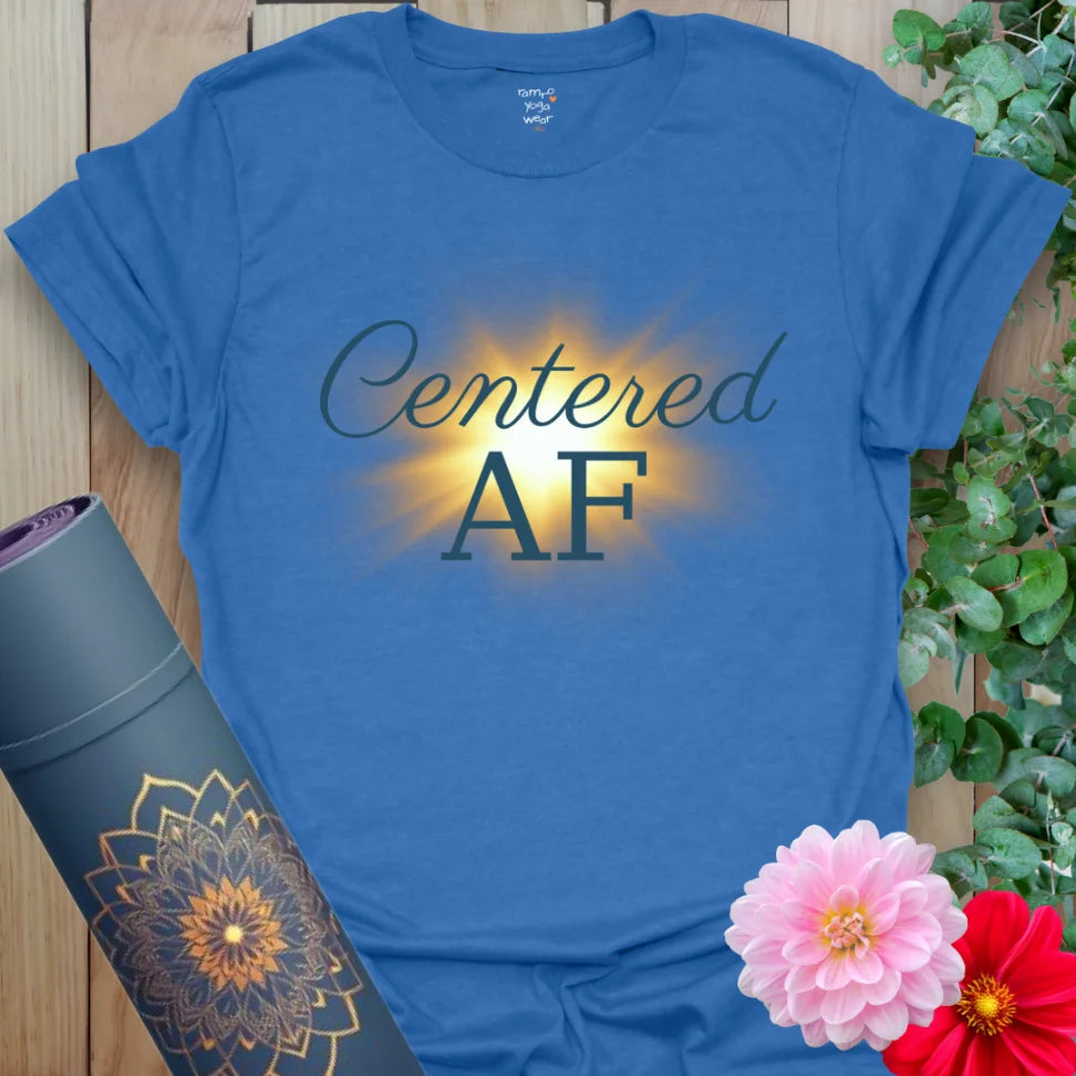 Heather Royal Centered AF T-Shirt with cool navy text and warm inner glow. A centered, soulful tee for mindful living and bold expression.