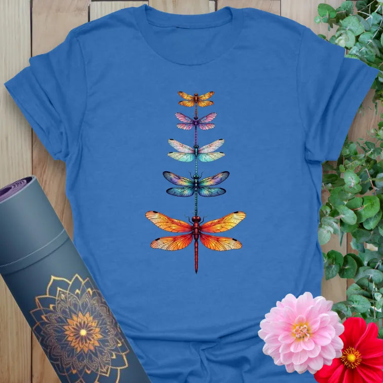 Blue Change T-Shirt with colorful dragonflies symbolizing transformation and growth