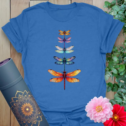 Blue Change T-Shirt with colorful dragonflies symbolizing transformation and growth