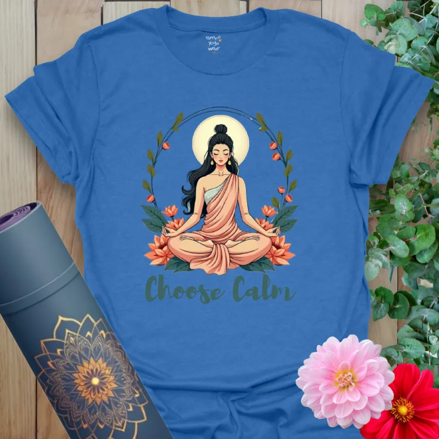 Heather Royal Choose Calm T-Shirt with serene yoga illustration by Ramro Yoga Wear.